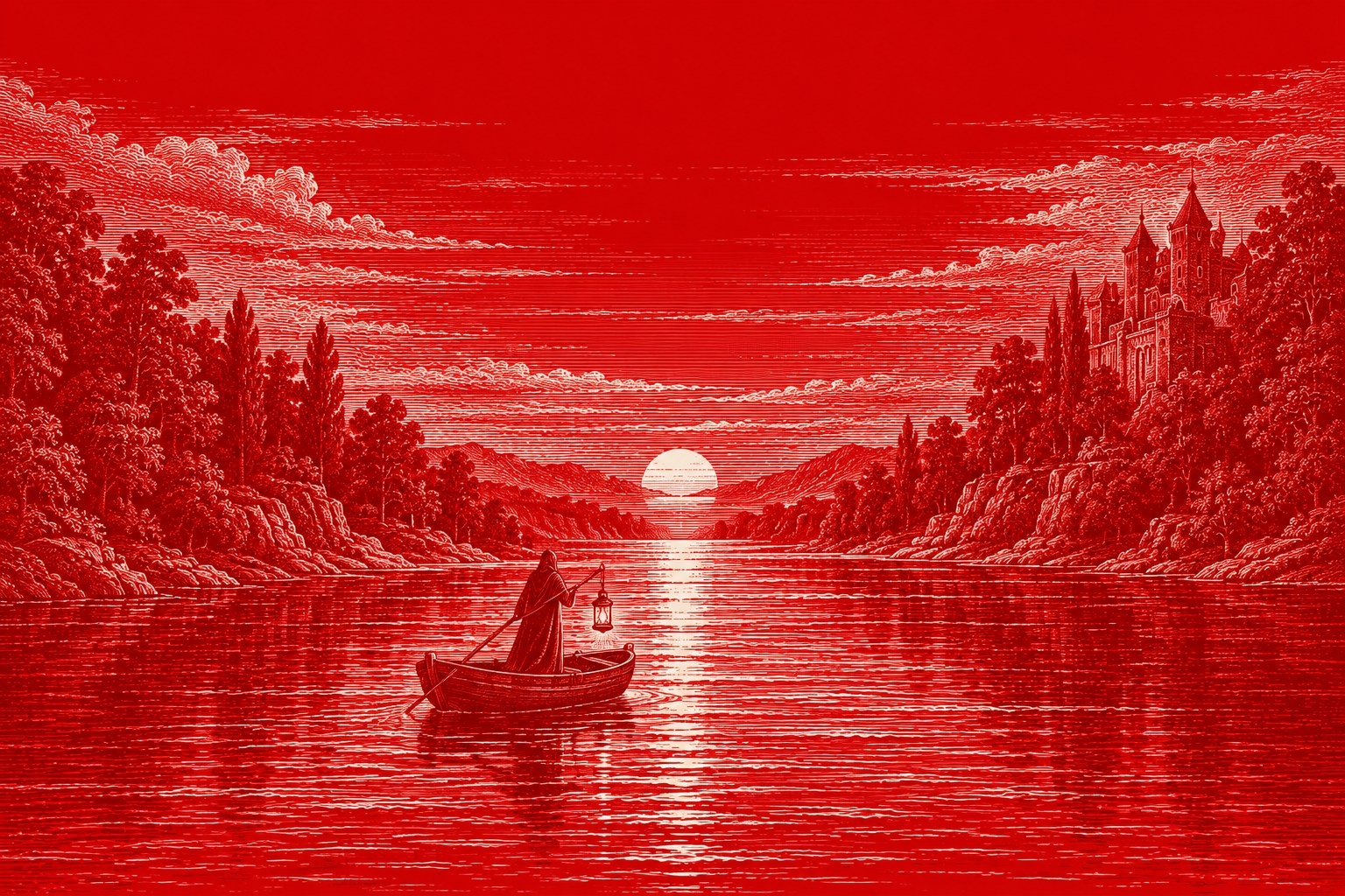 Engraving of a ferryman crossing a river at sunset